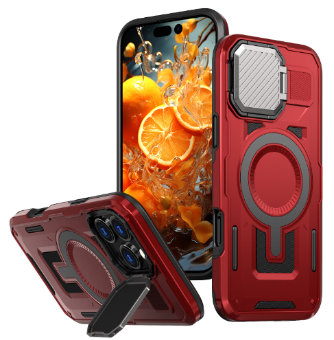 For iPhone 16 Magnetic Case with Slide Camera Cover, TPU+PC Lens Stand Armor Protective Phone Cases for iPhone 14 15 16 Pro Max